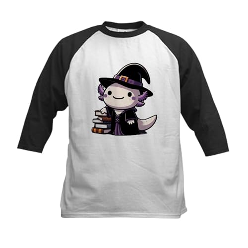 CafePress Axolotl Witch Cute Halloween Kids Baseball T Shirt Kids Cotton Baseball Jersey, 3/4 Raglan Sleeve Shirt Black/White