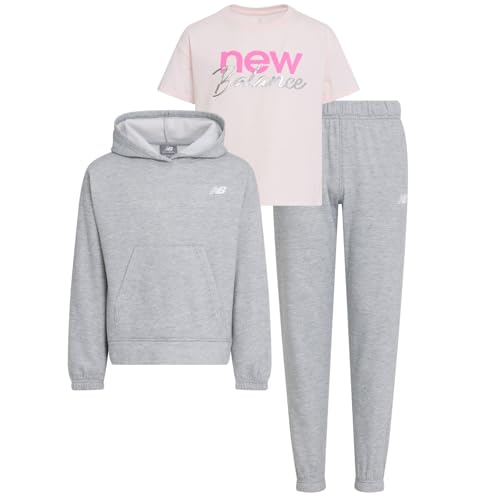 New Balance Girls 3pc Sweatsuit - Cotton Blend Fleece Activewear Set - Pullover Crewneck Hoodie, T-Shirt, Jogger, (4-12)