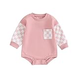 AEEMCEM Newborn Baby Boy Girl Clothes Checkered Sweatshirt Bubble Romper Oversized Long Sleeve Pullover Bodysuit Top (A-Pink Checkered, 0-3 Months)