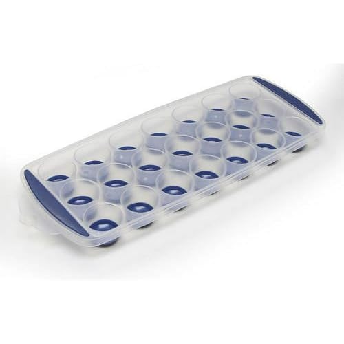 Ice Cube Tray with Flexible Silicone Bottom, 21 Round Cavities, Push Pop Design, Easy Release, 11.25x4.5x1.5 Inches, 1-Tray Per Pack in Random Color
