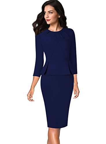Image of VFSHOW Womens Pleated Crew Neck Peplum Slim Work Business Dress Elegant 3 /4 Sleeves Office Church Bodycon Pencil Sheath Dress