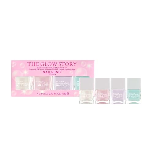 Nails Inc The Glow Story Nail Polish Set, Hyaluronic Acid, Glossy, No Chip, Long Lasting, Quick Dry, Air Dry, Professional Manicures & Pedicures, Fingernails & Toenails, Vegan Nail Polish, 4 Piece Set
