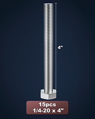 Image of 1 /4-20 x 4 (5 /8 to 5 inch Optional) Hex Head Screw Bolt, Stainless Steel 18-8(304), Fully Threaded,15pcs