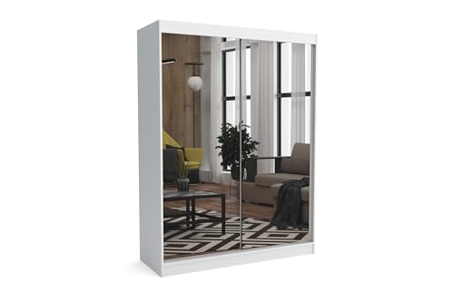 Brent - Kleiderschrank mit Spiegel Dave, 160cm Breit, Schlafzimmerschrank mit 1 Kleiderstange und Einlegeböden für Kleidung, Kleiderschrank Weiß