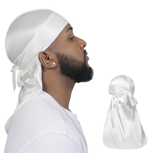 ForceWave 2 Pieces Silky Durag Pack for Men Women Waves Premium Satin Deluxe Du-rag (White+White)