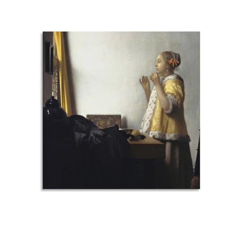 Toile Vermeer jeune femme au collier de perles 70x70 cm châssis bois finitions haut de gamme