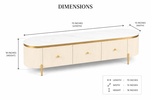 Image of Mazzo White Marble TV Unit Console | 70 inchx15 inchx18 inch | Golden Legs & Charcoal Louvers | Storage Drawers | Modern TV Stand Console Unit White Marble Top with Gold Accents, Storage (Ivory)