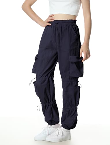 Image of EXARUS Girls Parachute Pants Cargo Hip Hop Wide Leg Baggy Y2K Teen | Tween Casual School Dance Streetwear with Pockets Elastic Waist Youth Junior Kids Bottoms Hiking 8-14Y
