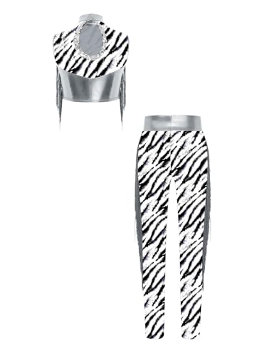 YEAHDOR Girls Hip Hop Jazz Dance Outfits Zebra Print Metallic Crop Tops and Skinny Leggings Athletic Outfits Silver 14 Years4