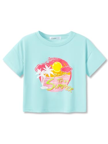 Image of Dvenki Girls Graphics Crop Short Sleeve Crewneck Tee Size 6-18 | soft cotton blend fabric, cropped short hem, fun graphic print, casual summer tops for school and vacation