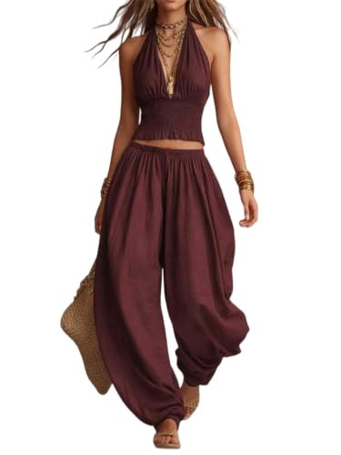Conjunto de camiseta corta halter de lino para mujer con acabado premium