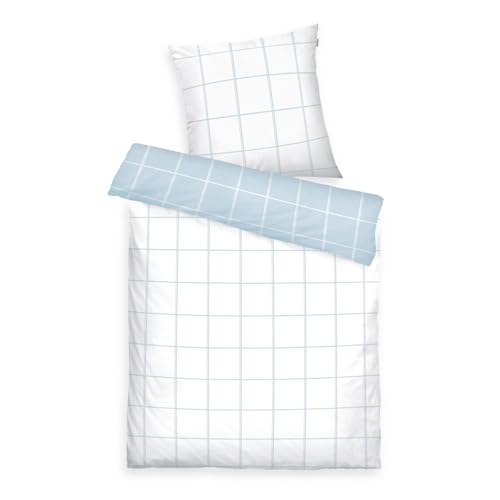 TOM TAILOR Renforcé-Bettwäsche, 80x80 cm + 155x220 cm, 100% Baumwolle/ Renforcé, mit Wendemotiv und farbigem Markenreißverschluss, LARGE CHECK Weiß, Hellblau (Crisp White & Sky Blue)
