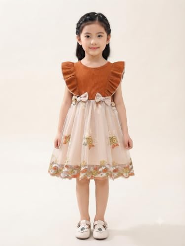 Image of TAGAS Girls Frock Dress | Floral Printed Princess Dress with Full Sleeves, Ruffle Shoulders & Flared Skirt | Birthday Dress for Girls | Wedding & Special Occasion Wear | 1-9 Years