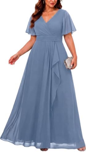 Plus Size Formal Dress Wedding Guest Chiffon V Neck Ruffle Long D...