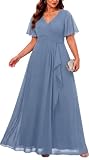 Plus Size Dusty Blue Dress Formal Wedding Guest Chiffon Long Dress Women