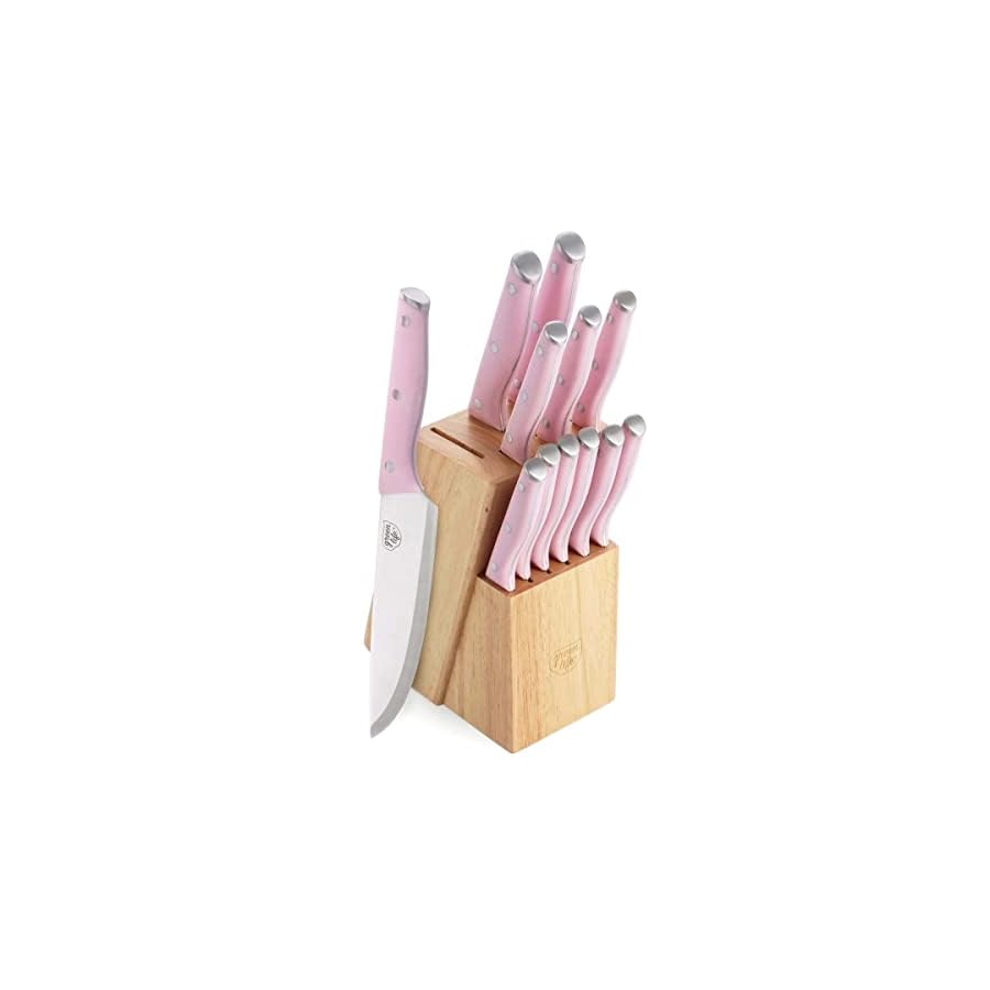 GreenLife-High-Carbon-Stainless-Steel-13-Piece-Wood-Knife-Block-Set-with-Chef-Steak-Knives-and-more-Comfort-Grip-Handles-Triple-Rivet-Cutlery-Soft-Pink GreenLife High Carbon Stainless Steel 13 Piece Wood Knife Block Set with Chef Steak Knives and more, Comfort Grip Handles, Triple Rivet Cutlery, Soft Pink