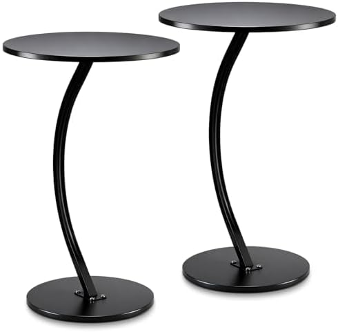 Geelin 2 Pcs C Shaped Drink Table Round Side End Table for Sofa Small Pedestal Wood Martini Tables with Metal Frame for Couch Living Room Bedroom Bedside Area