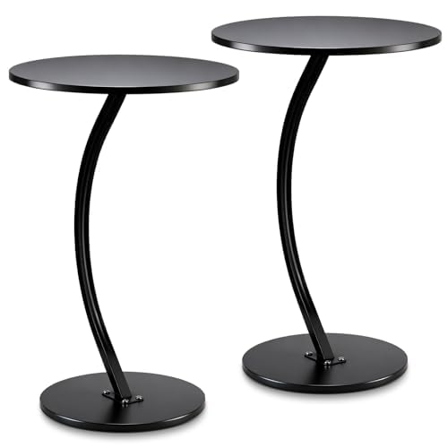 Geelin 2 Pcs C Shaped Drink Table Round Side End Table for Sofa Small Pedestal Wood Martini Tables with Metal Frame for Couch Living Room Bedroom Bedside Area