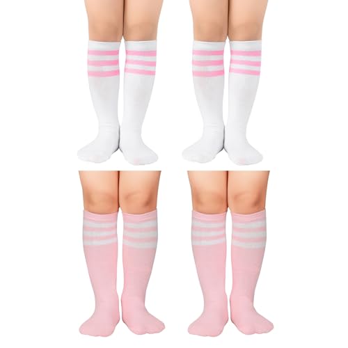 Image of Zando 4 Pairs Kids Soccer Socks Baseball Softball Youth Athletic Boys Girls Knee High Socks, White Pink 2 /Pink White 2, 4-6 Years