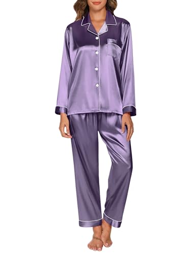Image of GAESHOW Pjs for Women Sets, Silk Satin Pyjamas for Women Long Sleeve Button Down Ladies Pyjamas Two Piece Womens Pjs Sleepwear Loungewear Nightwear for Spring Summer Purple