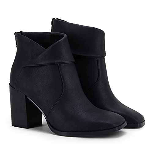 LAICIGO Women's Square Toe Ankle Boots High Chunky Stacked Heel Slip On Criss Cross Zipper Booties4
