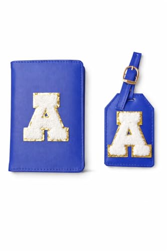 Image of Passport Cover & Bag Tag Combo | Personalized Initial Alphabet Custom A-Z Name Initial | Fits Standard Passports | Travel GiftIdeal Travel Gift for Women, Girls & Couples(Royal Blue)