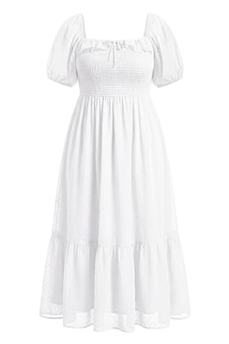 Image of Plus Size Summer Dresses - Swiss Dot Smocked Square Neck Puff Sleeve Boho Maternity Maxi Dress for Baby Shower Wedding Guest