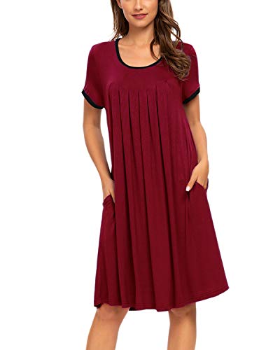 MINTLIMIT Nachthemd Damen Kurzarm Einfarbig Sleepshirt Kurz Sleepkleid Einteiler Nachtwäsche Nachtkleid (Weinrot,Größe XXL) Cover