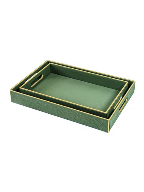 EPYK Gifts Beautiful Leather Decorative & Serving Tray with Handles Set of 2 | Tableware Trays for Home/Office Decor- Decorative Tray, Coffee Table Tray for Ottoman, Bathroom, Kitchen (Green)
