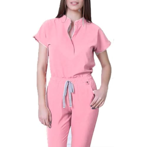 Scrubs for Women Set 4 Way Stretch Nursing Uniforms V Neck Scrubs Tops and Cargo Pants Quick Drying Solid Medical Nurse Uniform with Pockets Casial Jogger Scrub Set(A20 Pink,Small)