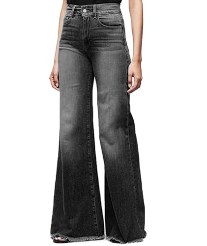 Women's High Waist Bell Bottom Flared Jeans Distressed Tassel Raw Hem Wide Leg Denim Pants Loose Fit Bootcut Jeans