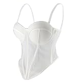 ELLACCI Women's White Mesh Corset Top with White Trim Spaghetti Strap Push-Up Bustier Tops Medium