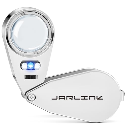JARLINK 40X Jewelers Loupe Magnifier with Metal Construction, LED/UV Illuminated Magnifying Glass Foldable for Gems, Jewelry, Coins, Stamps