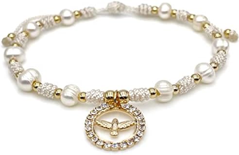 CRUZONE Holy Spirit 18K Gold Plated CZ Pendant on Dainty Pearls Bracelet Charm Catholic Gift Of Hope For Women and Teens