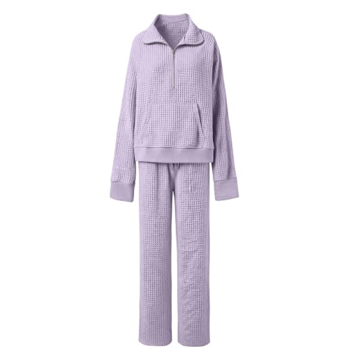 XINGJIAARTS Sweatsuits Women 2 Piece Outfit Waffle Knit Half Zip Oversized Sweatsuits Lounge Matching Set with Thumb Holes Purple Medium - image 3