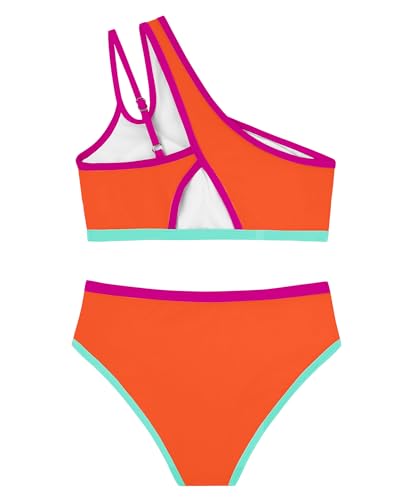 Image of Redair Girls Swimsuit Two Piece One Shoulder Bathing Suit with Chest Pad Color Block Bikini 7-16 Years