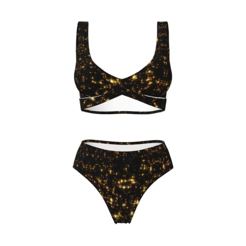 PQruop Ensemble de maillot de bain bikini croisé sur le devant pour femme avec imprimé noir doré, bikini à col bas, Noir , XL – vue 5