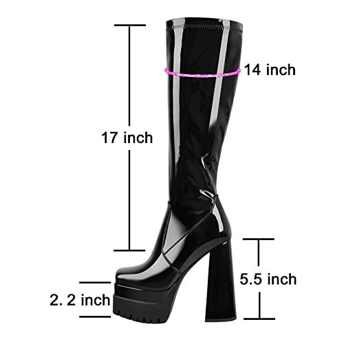 Yolkomo Black Platform Boots For Women Over The Knee Chunky Heel Platform Boots Square Toe Platform Chunky Boots Thigh High Boots Wide Width Y2K Punk Goth Platform Boots Large Plus Size 15 #TOP1