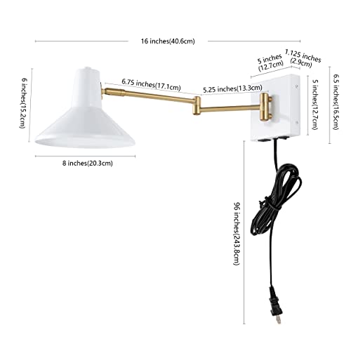 Image of JONATHAN Y 16 inch White /Brass Gold 1-Light Modern Swing Arm Sconce with USB Port, Plug-in Midcentury LED Bedside Lamp with White Iron Shade for Bedroom Living Room JYL1302A