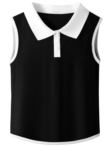 Girls Polo Shirt Sleeveless Golf Shirts Contrast Collared Button-Up Tennis T-Shirts Quick Dry Breathable Tank Tops
