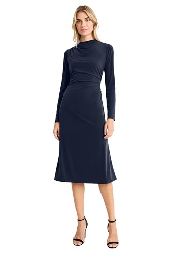 Maggy London Women's Dresses Women's Elegant Midi Dress - Long Sleeve Mock Neck A-Line Silhouette - Ruched Waist Formal Evening Party Cocktail Wedding Guest Dress, Twilight Navy, 2