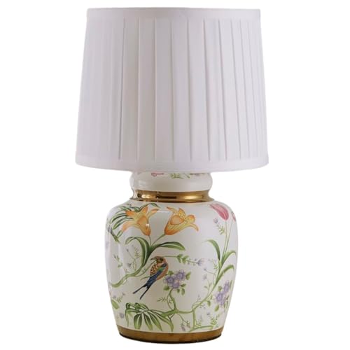 Britalia Ceramic Oriental Table Lamp, White and Gold Bird Design, 44cm Height, Pleated Shade
