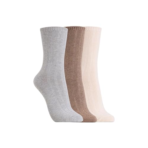 Clarks Women's Wide Rib Crew Socks 3 Pair, Ivory/Lt H Grey/Khaki, Women's 4-10 Shoe