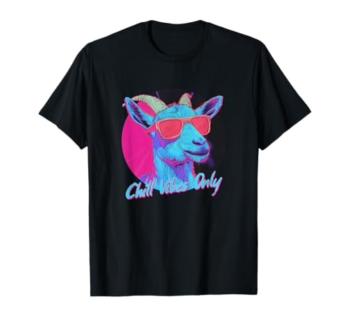 Chill Vibes Only Funny Retro Goat con gafas de sol 80s Vibes Camiseta