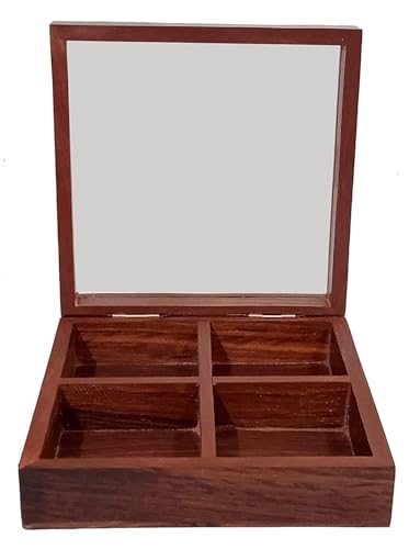 Image of Majestic Mart Sheesham Wooden masala box /namak dani /spices box /masala daani /organizer /masala dabba /spice jar /spice storage box with Glass top for Kitchen. (4 CONTAINERS)