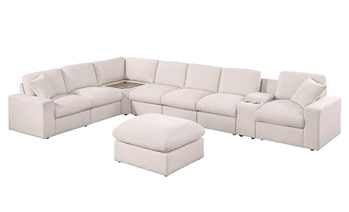 Image of Ball & Cast 157 inch Oversized Modular Sectional Sofa L-Shaped,Large Chenille Upholstered Couch 8 Seat with Ottoman,Cup Holders & USB Ports,Comfty Sectionals W /Pillows & Storage Box,for Living Room,Beige