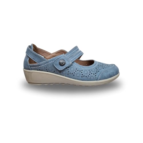 Cushion Walk Wide Fit Ladies Mary Jane Comfort Shoes Womens EEE Loafer Sandals Wedge Summer Holiday Touch Strap UK 4-8 (Blue, UK Footwear Size System, Adult, Women, Numeric, X-Wide, 7)