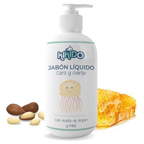 Kikido Jabon de Manos Líquido Bebé - 500 ml Jabón Facial y Corporal Ultra Suave con Aceite de Argán y Miel, Sin SLES ni Colorantes, Aroma a Algodón - Gel Baño Bebe 500 ml