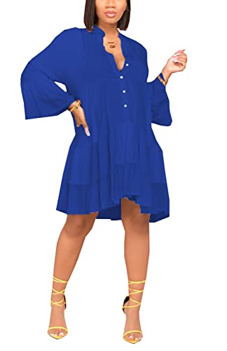 Image of FairyLove Women Wedding Ruffle Dresses Flowy Puffy with Deep V Neck Pleated Hem Lantern Long Sleeve Bell Sleeves