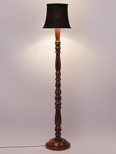 Image of Cylindrical Drum Floor Lamp with Wooden Base - Height 57 Inches, Black | Modern Standing Lamp for Home, Living Room, Bedroom & Office | Elegant Lighting Decor | Cotton